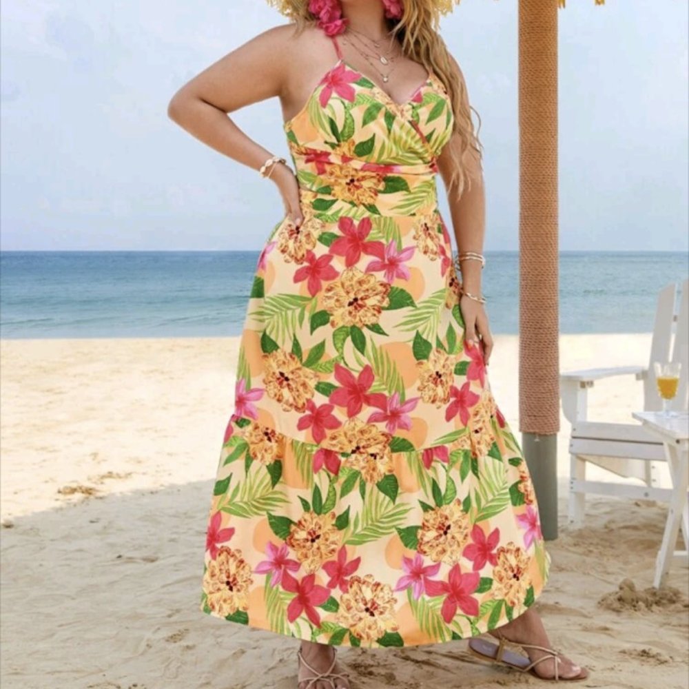 Pus Size Tropical Backless Floral Dress